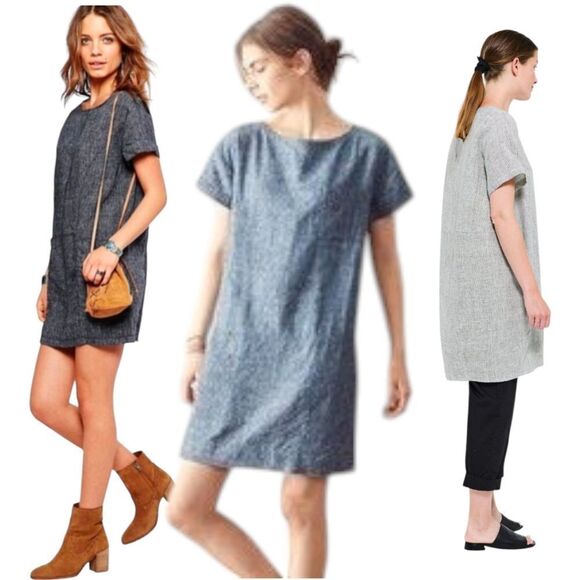 Blu No.9 💯 Linen Grey Short Sleeve Mini Shift Dress Tunic Size L - Picture 8 of 11